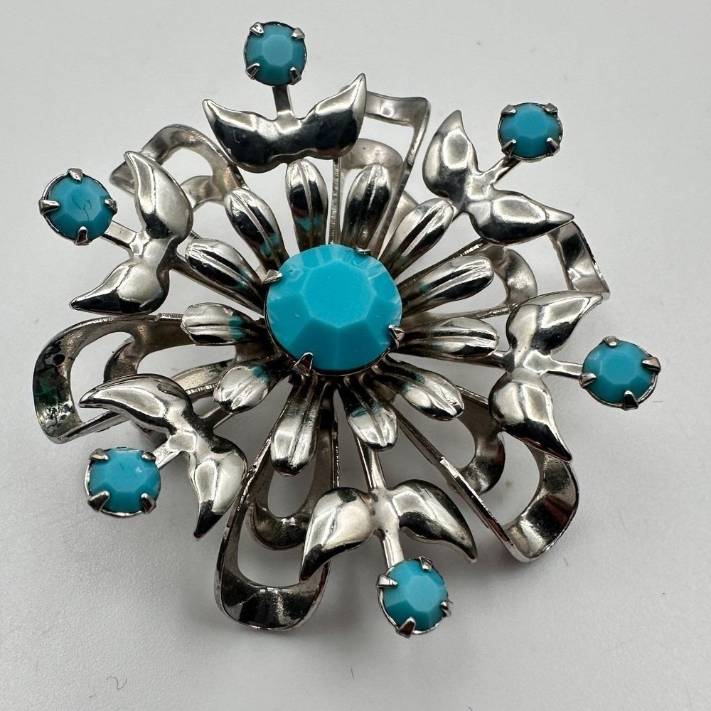 Vintage 90s Silver Tone Blue Glass Floral Sunburst Brooch Pin Retro‎ Jewelry